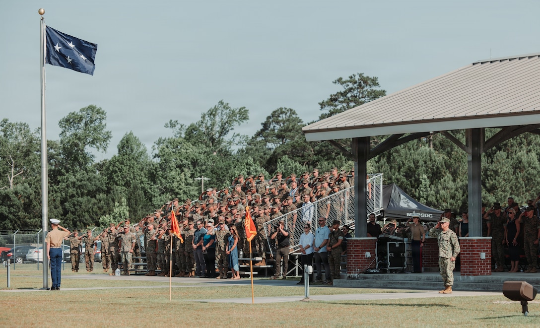 U.S. Navy Admiral Frank M. Bradley, commander, U.S. Special Operations Command, is honored during the MARSOC change of command ceremony on Marine Corps Base Camp Lejeune, North Carolina, June 12, 2026. During the ceremony, Maj. Gen. Peter D. Huntley relinquished command of MARSOC to Maj. Gen. Michael A. Brooks, a tradition symbolizing the transfer of authority, responsibility and accountability of the Marines and Sailors under his charge. (U.S. Marine Corps photo by Lance Cpl. Jared Saul)