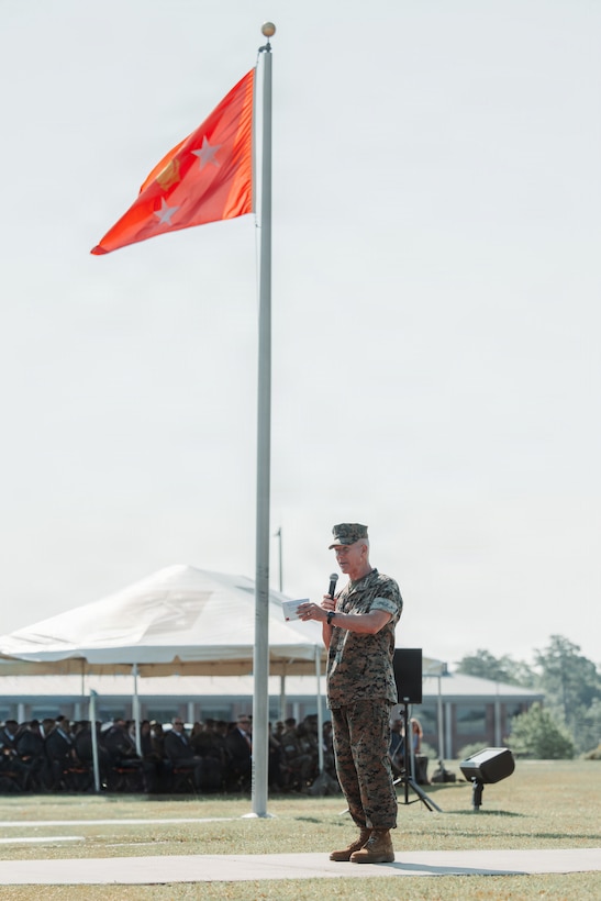 The 39th Commandant of the Marine Corps, Gen. Eric M. Smith, delivers his remarks during the MARSOC change of command ceremony on Marine Corps Base Camp Lejeune, North Carolina, June 12, 2026. During the ceremony, Maj. Gen. Peter D. Huntley relinquished command of MARSOC to Maj. Gen. Michael A. Brooks, a tradition symbolizing the transfer of authority, responsibility and accountability of the Marines and Sailors under his charge. (U.S. Marine Corps photo by Lance Cpl. Jared Saul)
