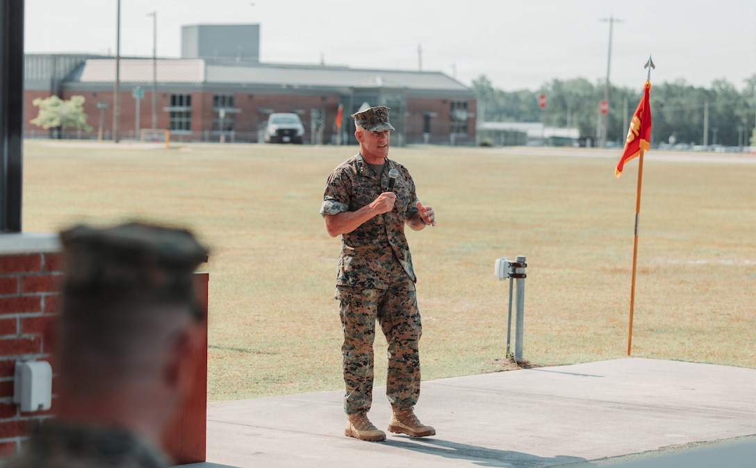 U.S. Marine Corps Maj. Gen. Peter D. Huntley, the outgoing commanding general of Marine Forces Special Operations Command (MARSOC), speaks to Marines and Sailors during the MARSOC change of command ceremony on Marine Corps Base Camp Lejeune, North Carolina, June 12, 2026. During the ceremony, Maj. Gen. Peter D. Huntley relinquished command of MARSOC to Maj. Gen. Michael A. Brooks, a tradition symbolizing the transfer of authority, responsibility and accountability of the Marines and Sailors under his charge. (U.S. Marine Corps photo by Lance Cpl. Jared Saul)
