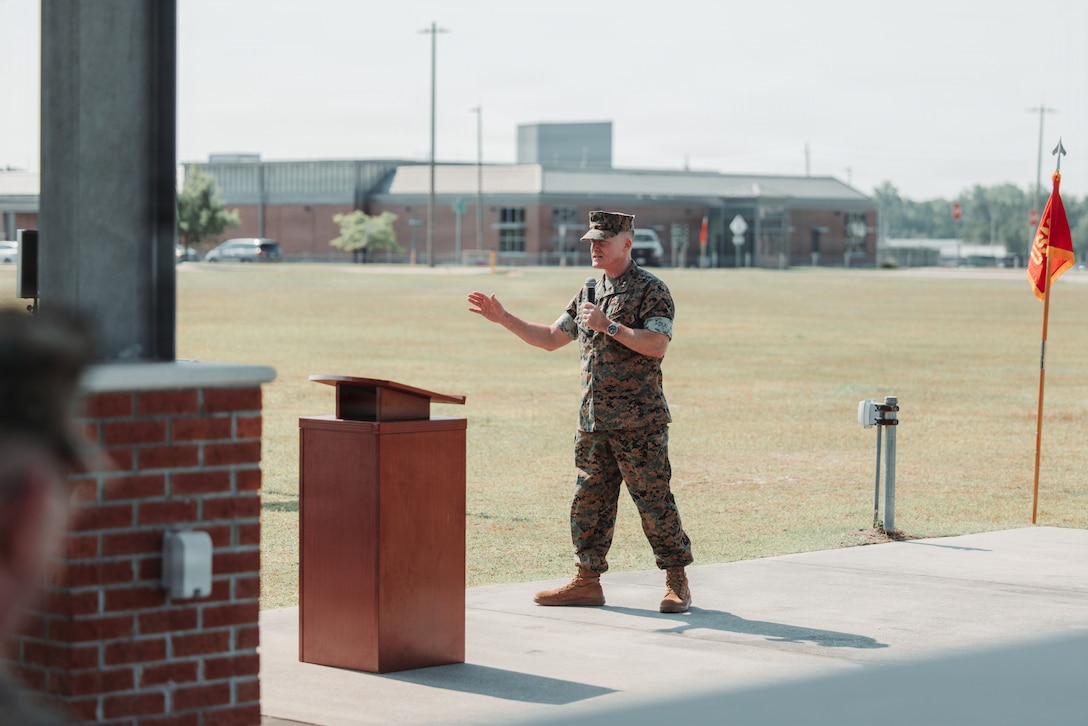 U.S. Marine Corps Maj. Gen. Michael A. Brooks, the incoming commanding general of Marine Forces Special Operations Command (MARSOC), speaks to Marines and Sailors during during the MARSOC change of command ceremony on Marine Corps Base Camp Lejeune, North Carolina, June 12, 2026. During the ceremony, Maj. Gen. Peter D. Huntley relinquished command of MARSOC to Maj. Gen. Michael A. Brooks, a tradition symbolizing the transfer of authority, responsibility and accountability of the Marines and Sailors under his charge. (U.S. Marine Corps photo by Lance Cpl. Jared Saul)