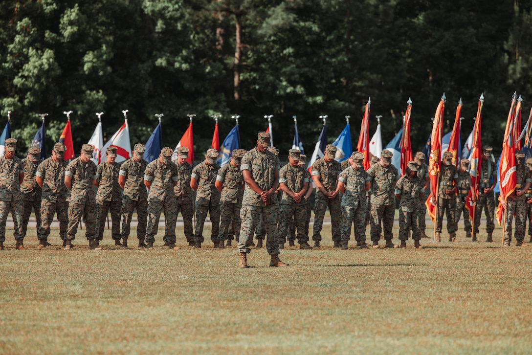 U.S. Marines and Sailors assigned to Marine Forces Special Operations Command (MARSOC), participate in the MARSOC change of command ceremony on Marine Corps Base Camp Lejeune, North Carolina, June 12, 2026. During the ceremony, Maj. Gen. Peter D. Huntley relinquished command of MARSOC to Maj. Gen. Michael A. Brooks, a tradition symbolizing the transfer of authority, responsibility and accountability of the Marines and Sailors under his charge. (U.S. Marine Corps photo by Lance Cpl. Jared Saul)