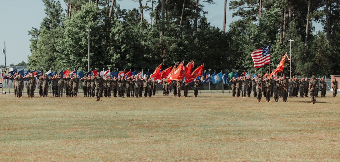 U.S. Marines and Sailors assigned to Marine Forces Special Operations Command (MARSOC), participate in the MARSOC change of command ceremony on Marine Corps Base Camp Lejeune, North Carolina, June 12, 2026. During the ceremony, Maj. Gen. Peter D. Huntley relinquished command of MARSOC to Maj. Gen. Michael A. Brooks, a tradition symbolizing the transfer of authority, responsibility and accountability of the Marines and Sailors under his charge. (U.S. Marine Corps photo by Lance Cpl. Jared Saul)