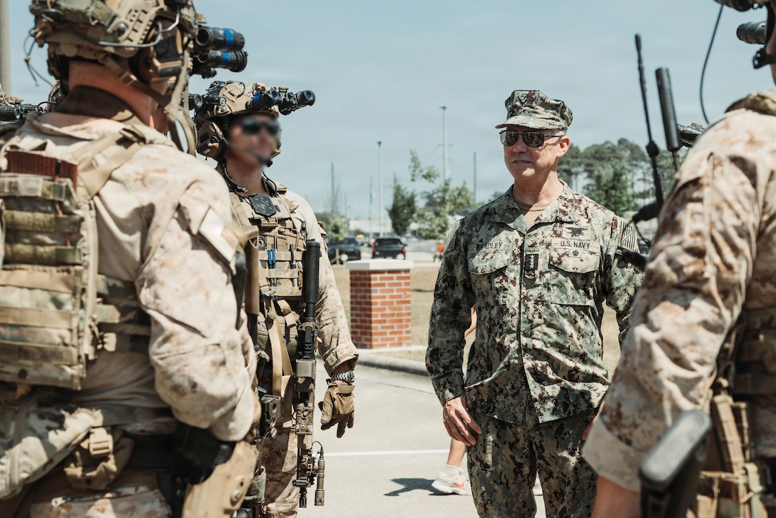 U.S. Navy Admiral Frank M. Bradley, commander, U.S. Special Operations Command, addresses Marine Raiders after the capabilities exercise held in honor of MARSOC’s heritage week celebration, at Marine Corps Base Camp Lejeune, North Carolina, April 24, 2026. MARSOC celebrates 20 years since its activation, which began after Secretary of Defense Donald Rumsfeld directed the establishment of a Marine Corps component within U.S. Special Operations Command on February 24, 2006. (U.S. Marine Corps photo by Lance Cpl. Saul)