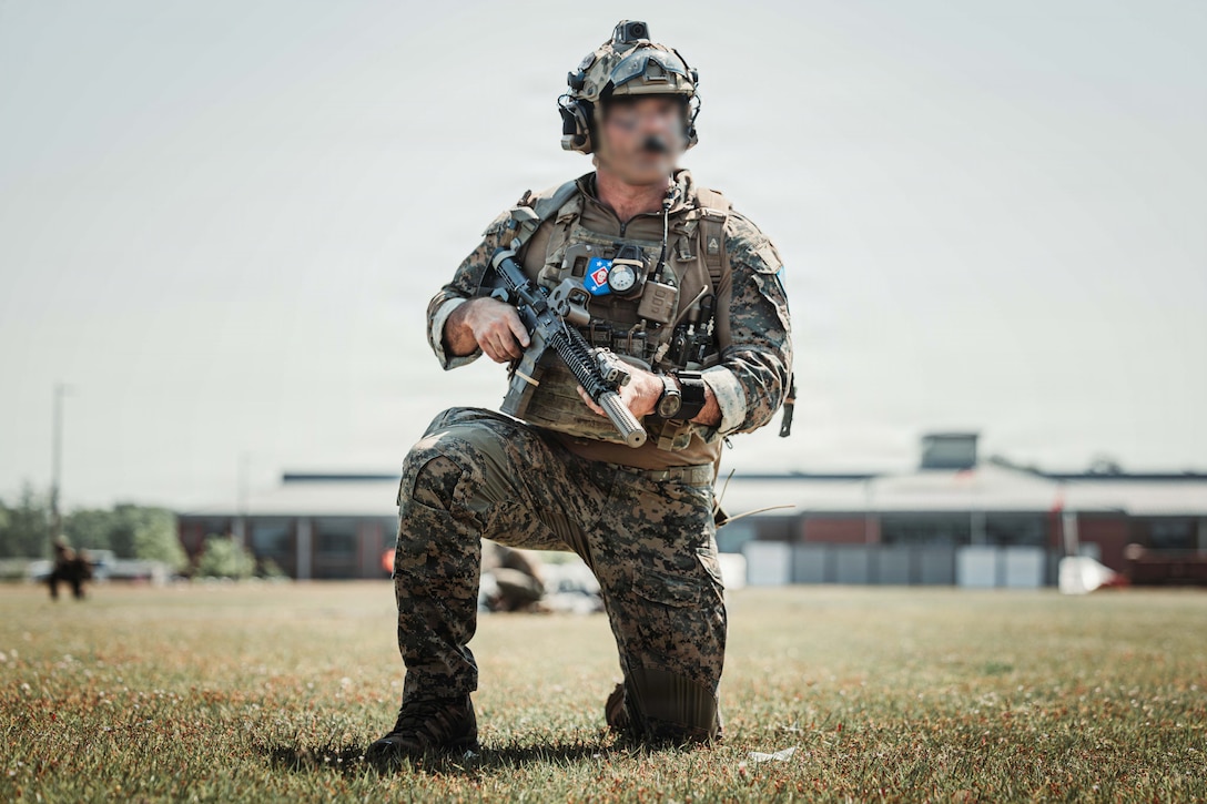 U.S. Marine Raiders assigned to Marine Forces Special Operations Command conduct a capabilities exercise held in honor of MARSOC’s heritage week celebration, at Marine Corps Base Camp Lejeune, North Carolina, April 24, 2026. MARSOC celebrates 20 years since its activation, which began after Secretary of Defense Donald Rumsfeld directed the establishment of a Marine Corps component within U.S. Special Operations Command on February 24, 2006. (U.S. Marine Corps photo by Lance Cpl. Frank Sepulveda Torres)