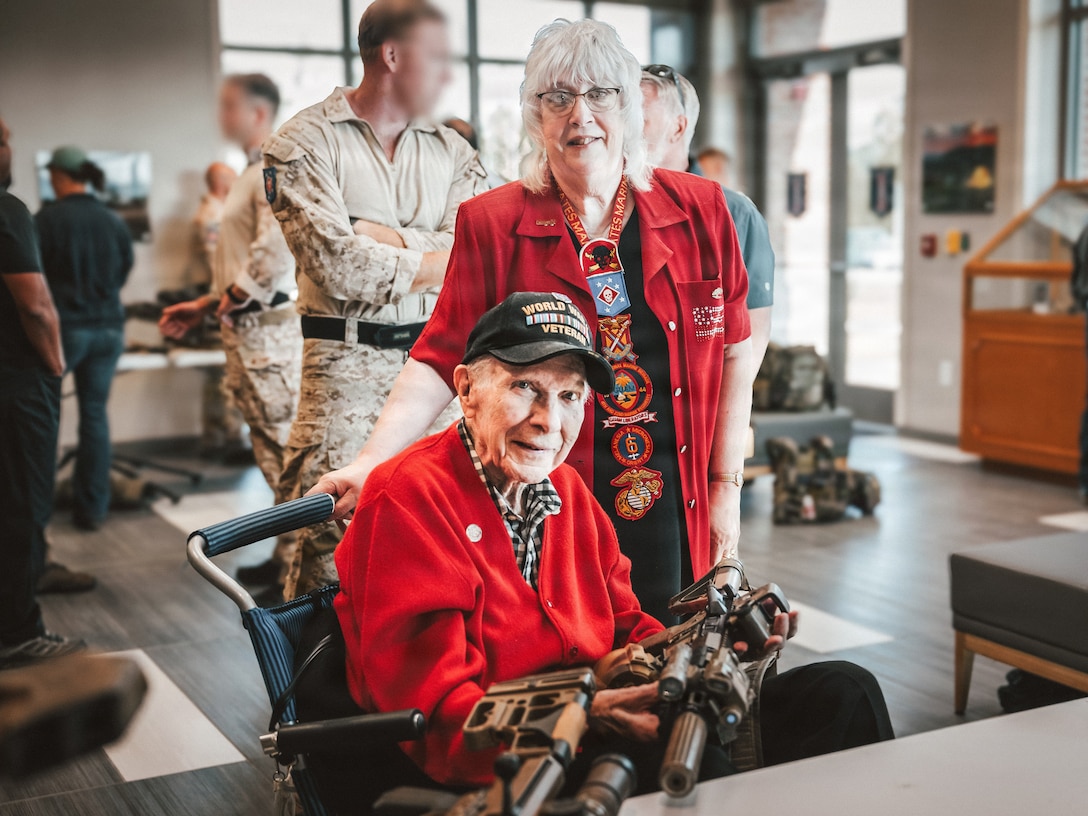 U.S. Marine Corps WWII Raider, Cpl. Leanard B. Turner, interacts with the static display during a tour of 1st Marine Raider Batallion, held in honor of MARSOC’s heritage week celebration, at Marine Corps Base Camp Lejeune, North Carolina, April 24, 2026. MARSOC celebrates 20 years since its activation, which began after Secretary of Defense Donald Rumsfeld directed the establishment of a Marine Corps component within U.S. Special Operations Command on February 24, 2006. (U.S. Marine Corps photo by Cpl. Daniela Chicas Torres)