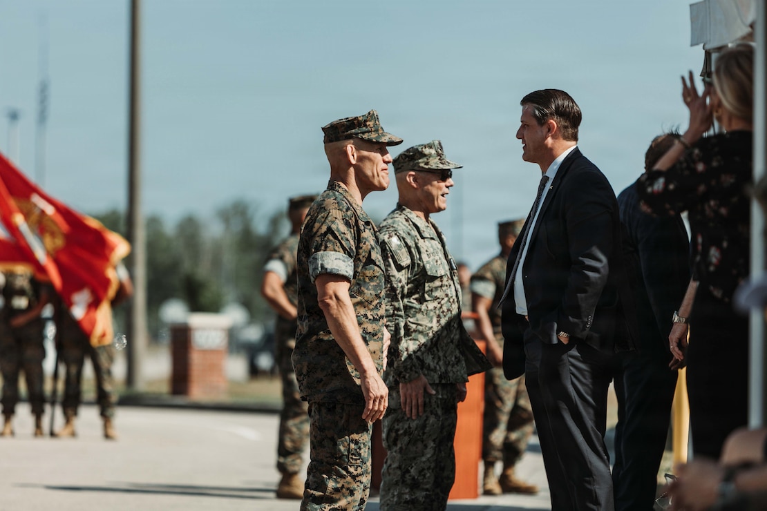 U.S. Marine Corps Maj. Gen. Peter D. Huntley, commander, Marine Forces Special Operations Command addresses Derrick Anderson, assistant secretary of defense for special operations after the capabilities exercise held in honor of MARSOC’s heritage week celebration, at Marine Corps Base Camp Lejeune, North Carolina, April 24, 2026. MARSOC celebrates 20 years since its activation, which began after Secretary of Defense Donald Rumsfeld directed the establishment of a Marine Corps component within U.S. Special Operations Command on February 24, 2006. (U.S. Marine Corps photo Staff Sgt. Andrew Skiver)