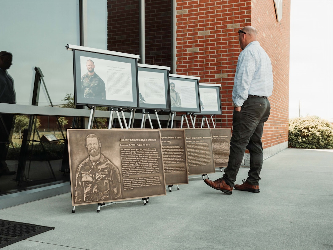 Commemorative plaques are displayed at the flag rededication ceremony held in honor of MARSOC’s heritage week celebration, at Marine Corps Base Camp Lejeune, North Carolina, April 24, 2026. MARSOC celebrates 20 years since its activation, which began after Secretary of Defense Donald Rumsfeld directed the establishment of a Marine Corps component within U.S. Special Operations Command on February 24, 2006. (U.S. Marine Corps photo by Staff Sgt. Andrew Skiver)