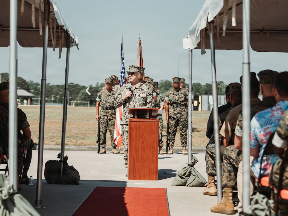 U.S. Navy Admiral Frank M. Bradley, commander, U.S. Special Operations Command, addresses Marines, Sailors and civilians during MARSOC’s heritage week celebration, at Marine Corps Base Camp Lejeune, North Carolina, April 24, 2026. MARSOC celebrates 20 years since its activation, which began after Secretary of Defense Donald Rumsfeld directed the establishment of a Marine Corps component within U.S. Special Operations Command on February 24, 2006. (U.S. Marine Corps photo by Andrew Skiver)