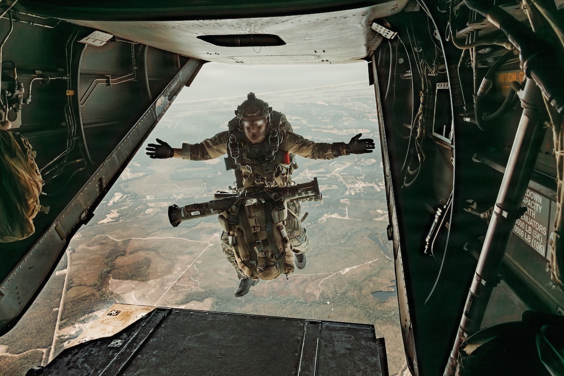 A U.S. Marine Raider assigned to Marine Forces Special Operations Command conducts a free fall jump as part of the capabilities exercise held in honor of MARSOC’s heritage week celebration, at Marine Corps Base Camp Lejeune, North Carolina, April 24, 2026. MARSOC celebrates 20 years since its activation, which began after Secretary of Defense Donald Rumsfeld directed the establishment of a Marine Corps component within U.S. Special Operations Command on February 24, 2006. (U.S. Marine Corps photo by Cpl. Daniela Chicas Torres)