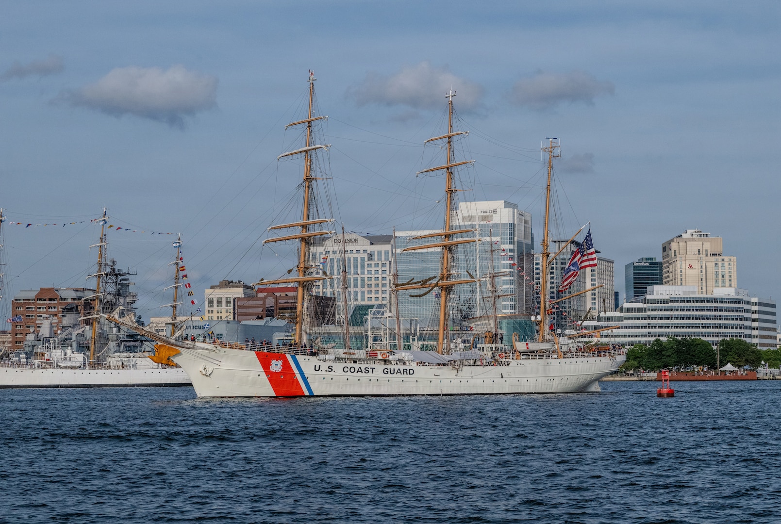 U.S. Coast Guard Cutter Eagle (WIX 327) transits the Elizabeth River, June 22, 2026, after participating in Sail250 Virginia in Norfolk. Eagle served as the leading tall ship in the parade of sail and welcomed visitors throughout the maritime festival celebrating America's 250th anniversary. (U.S. Coast Guard photo by Petty Officer 3rd Class Mason Svitenko)