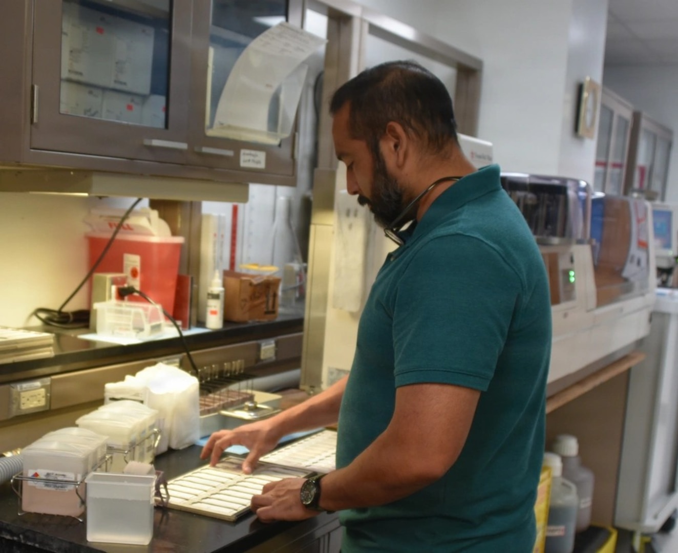 Womack Army Medical Center Histotechnician, preparing microscopic tissue slides to be delivered to the pathologists, April 23, 2026, Fort Bragg North Carolina. (Photo by Keisha Frith, Womack Army Medical Center Public Affairs Office