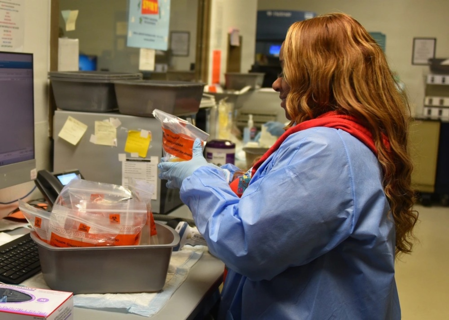 Womack Army Medical Center Pathology Department technician, receiving samples, April 23, 2026, Fort Bragg North Carolina. (Photo by Keisha Frith, Womack Army Medical Center Public Affairs Office)
