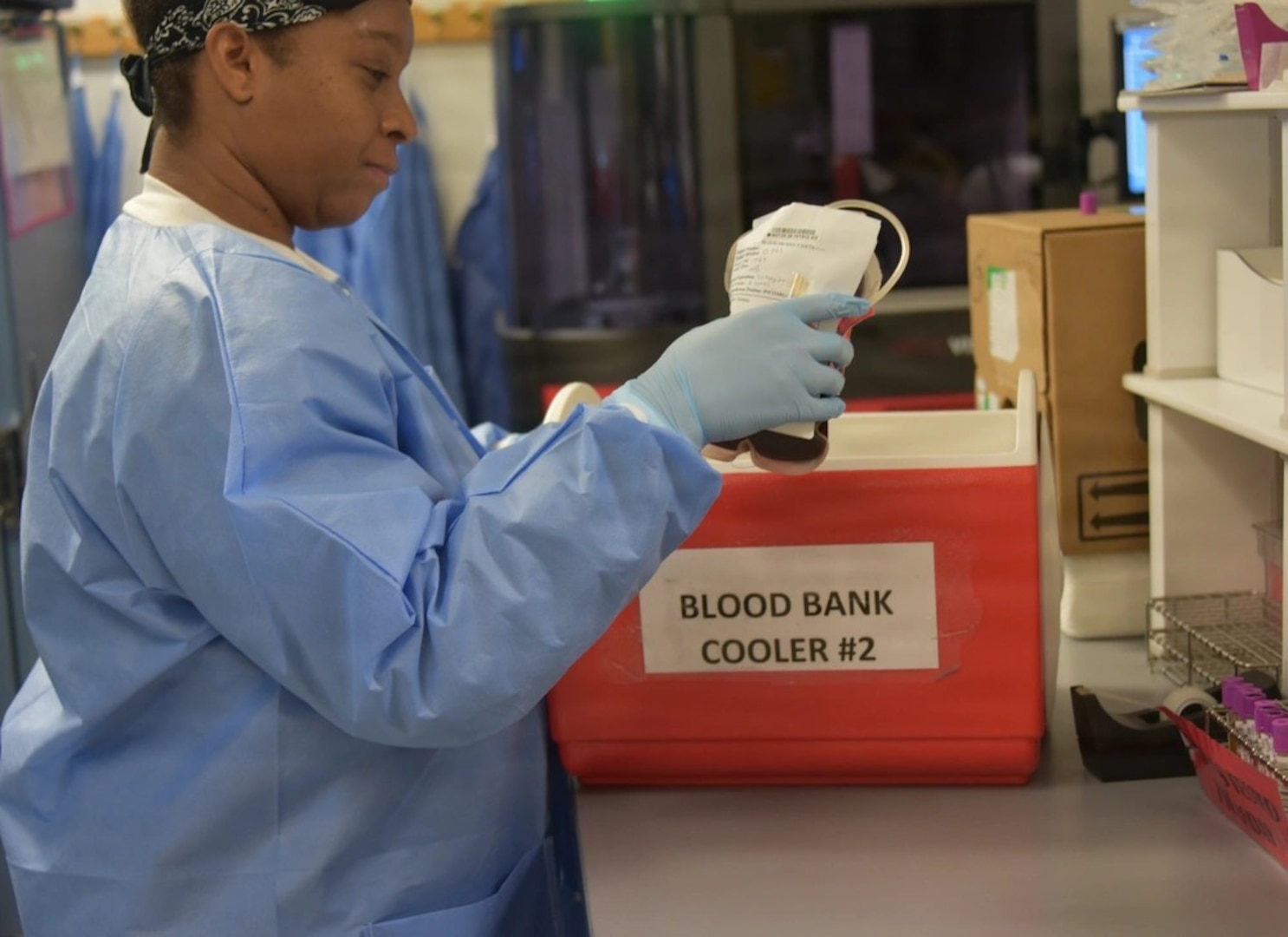 Womack Army Medical Center Blood Bank technician, Phylicia Wright sends out units for trauma patients. The Blood Bank is responsible for preparing units of blood to replenish massive volume loss during emergencies, April 23, 2026, Fort Bragg North Carolina. (Photo by Keisha Frith, Womack Army Medical Center Public Affairs Office