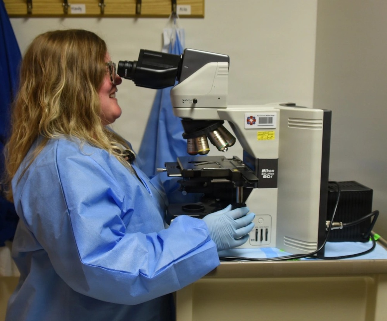 Womack Army Medical Center Cytologist, Mandy Strickland, screening body fluid for malignancy. April 23, 2026, Fort Bragg North Carolina. (Photo by Keisha Frith, Womack Army Medical Center Public Affairs Office)