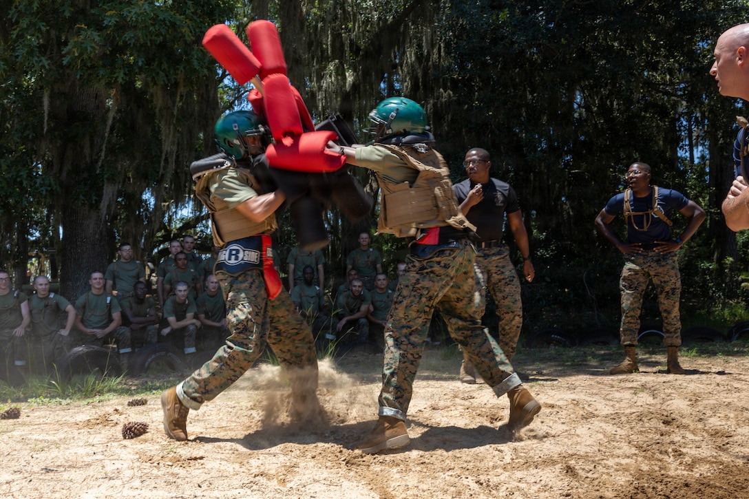 U.S. Marine Corps recruits with India Company, 3rd Recruit Training Battalion, take part in pugil stick sparring on Marine Corps Recruit Depot Parris Island, S.C., June 4, 2026. Recruits participate in body sparring, pugil sticks, and a bayonet assault course as part of their training to become Marines. (U.S. Marine Corps photo by Lance Cpl. Nicholas White)