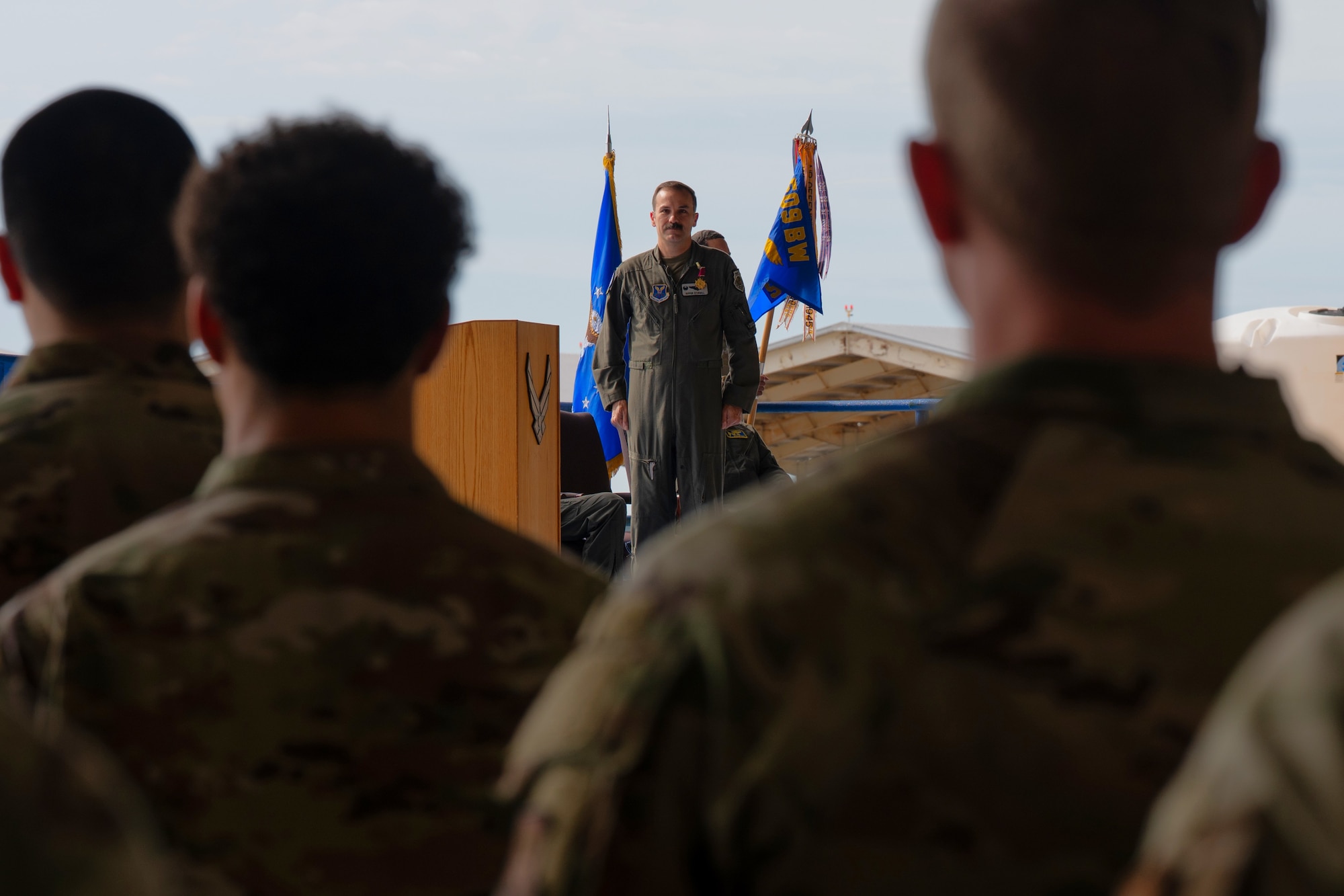 Col. Robert Sturgill Jr. prepares for his final salute to the Airmen of the 509th Operations Group at Whiteman Air Force Base, Missouri, June 18, 2026.