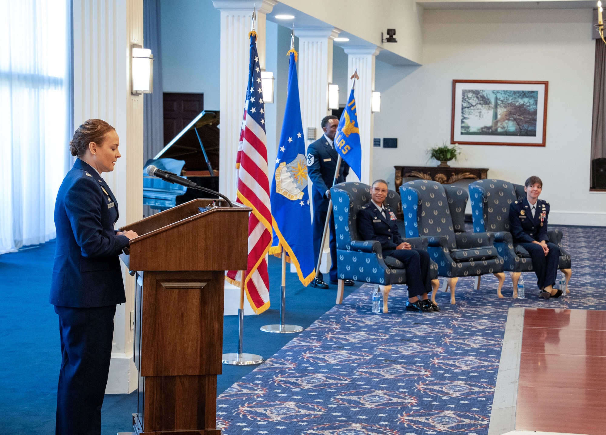 Incoming 11th Wing Logistics Readiness Squadron commander gives speech.