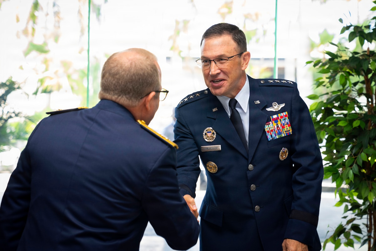 U.S. Air Force Vice Chief of Staff Gen. John D. Lamontagne, right, shakes hands with Maj. Gen. Floreal T. Suárez Martínez, commanding general of the Dominican Republic air force, left, during the 66th annual Conference of the American Air Chiefs (CONJEFAMER) in Punta Cana, Dominican Republic, June 16, 2026. The annual meeting provided a forum for leaders to meet face-to-face, exchange perspectives, address shared challenges and advance regional cooperation in support of a safer and more secure Western Hemisphere. (U.S. Air Force photo by Tech. Sgt. Rachel Maxwell)