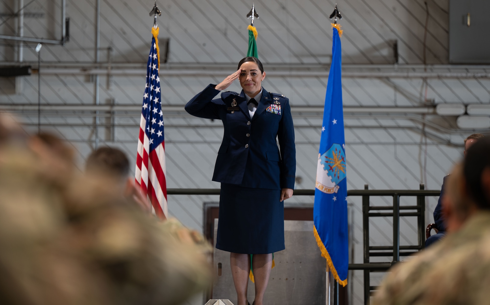 U.S. Air Force Col. Cassandra Bates, 92nd Mission Support Group incoming commander, receives her first salute from the Airmen of the 92nd MSG during a change of command ceremony at Fairchild Air Force Base, Washington, June 23, 2026.