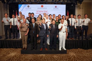 QUANG TRI, Vietnam (June 22, 2026) – Acting Secretary of the Navy Hung Cao, center, Mr. Le Hong Vinh, chairman of Quang Tri People’s Committee, center right, Mr. Hoang Nam, vice chairman of Quang Tri Province People’s Committee, center left, U.S. Army Maj. Gen. E. Darrin Cox, commander of the 18th Theater Medical Command and Army Forces assigned to Pacific Friendship 2026, front left, and U.S. Navy Capt. Robert Reyes, mission commander of Pacific Partnership 2026 (PP26), front right, and distinguished visitors pose for a photo during the PP26 Vietnam mission stop opening ceremony in Quang Tri, Vietnam, June 22, 2026.