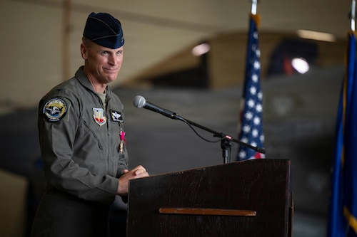 U.S. Air Force Col. Christian Bergtholdt, 325th Fighter Wing commander, gives remarks during the 325th Fighter Wing change of command ceremony at Tyndall Air Force Base, Florida, June 23, 2026. Bergtholdt relinquished command after a successful two-year tenure during which he guided the wing through a $5.1 billion installation rebuild and the rapid stand-up of its F-35A Lightning II mission. (U.S. Air Force photo by Tech. Sgt. Charles Welty)