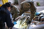Soldiers assigned to the Arizona Army National Guard and a U.S. Customs and Border Protection agent inspect a cooler of fish for illegal drugs and other contraband at the Dennis DeConcini Port of Entry in Nogales, Ariz., April 30, 2025. The Arizona National Guard and CBP are working together to interdict drugs at Arizona's ports of entry.