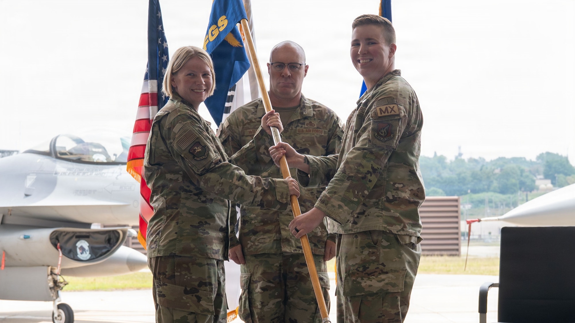 Airmen participate in a change of command ceremony at Osan.