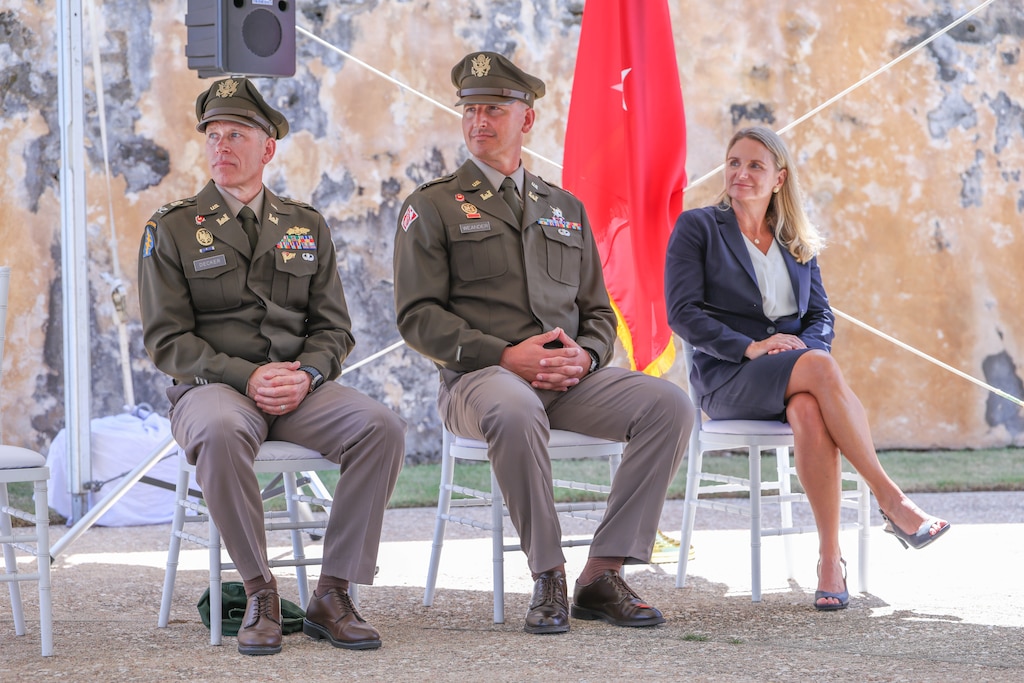 U.S. Army Corps of Engineers South Atlantic Division Brig. Gen. Zachary Miller, Latin America & Caribbean District Commander. Lt. Col. Nate Weander, and Jacqueline Keiser, the district’s deputy for Programs and Project Management, listen to remarks during the June 23, 2026, change of command ceremony at Castillo San Cristóbal in San Juan, Puerto Rico. The event marked both the redesignation of the former Caribbean District as the Latin America & Caribbean District and Weander’s assumption of command, launching a new chapter for USACE’s regional mission spanning Puerto Rico, the U.S. Virgin Islands, and 33 partner nations across Latin America and the Caribbean.