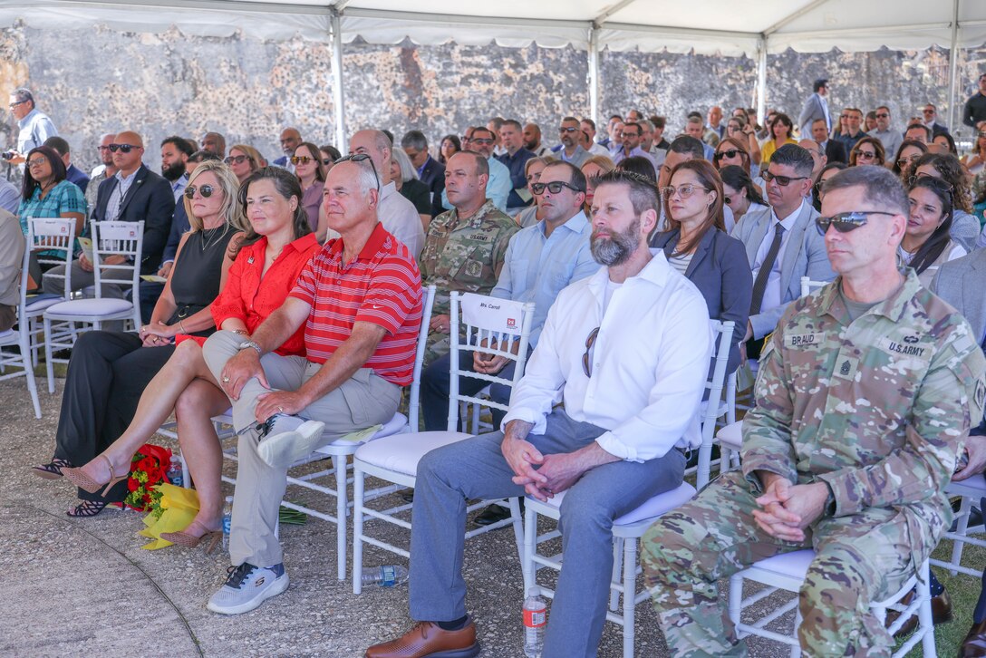 A large crowd gathers June 23, 2026, at Castillo San Cristóbal in Old San Juan, Puerto Rico, for the change of command ceremony in which Lt. Col. Nate Weander assumed leadership of the newly redesignated U.S. Army Corps of Engineers Latin America & Caribbean District. The ceremony marked the district’s expanded mission across millions of square miles and 33 nations, as well as the transition from outgoing commander Col. Charles L. Decker, whose leadership helped shape the organization’s modern regional role.