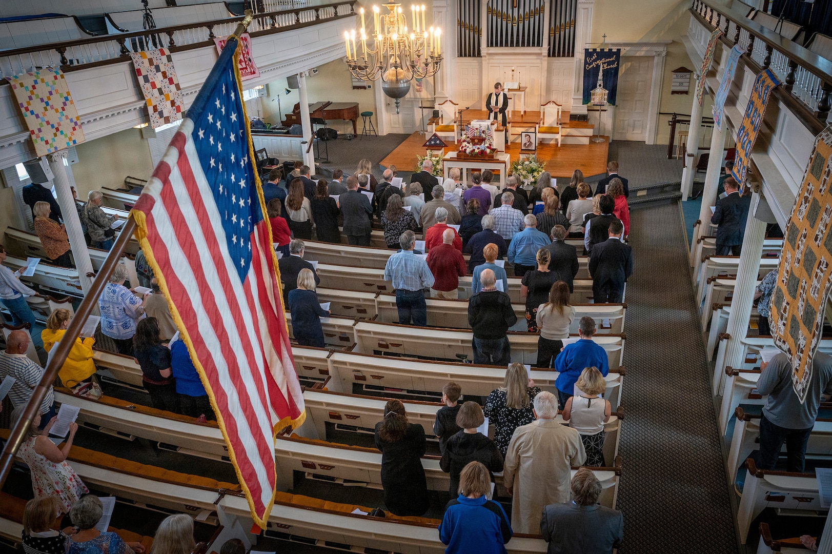 People gather in the First Congregational Church in Southington, Connecticut for a memorial service for U.S. Army Air Forces Tech. Sgt. Donald A. Dorman, June 23, 2026.