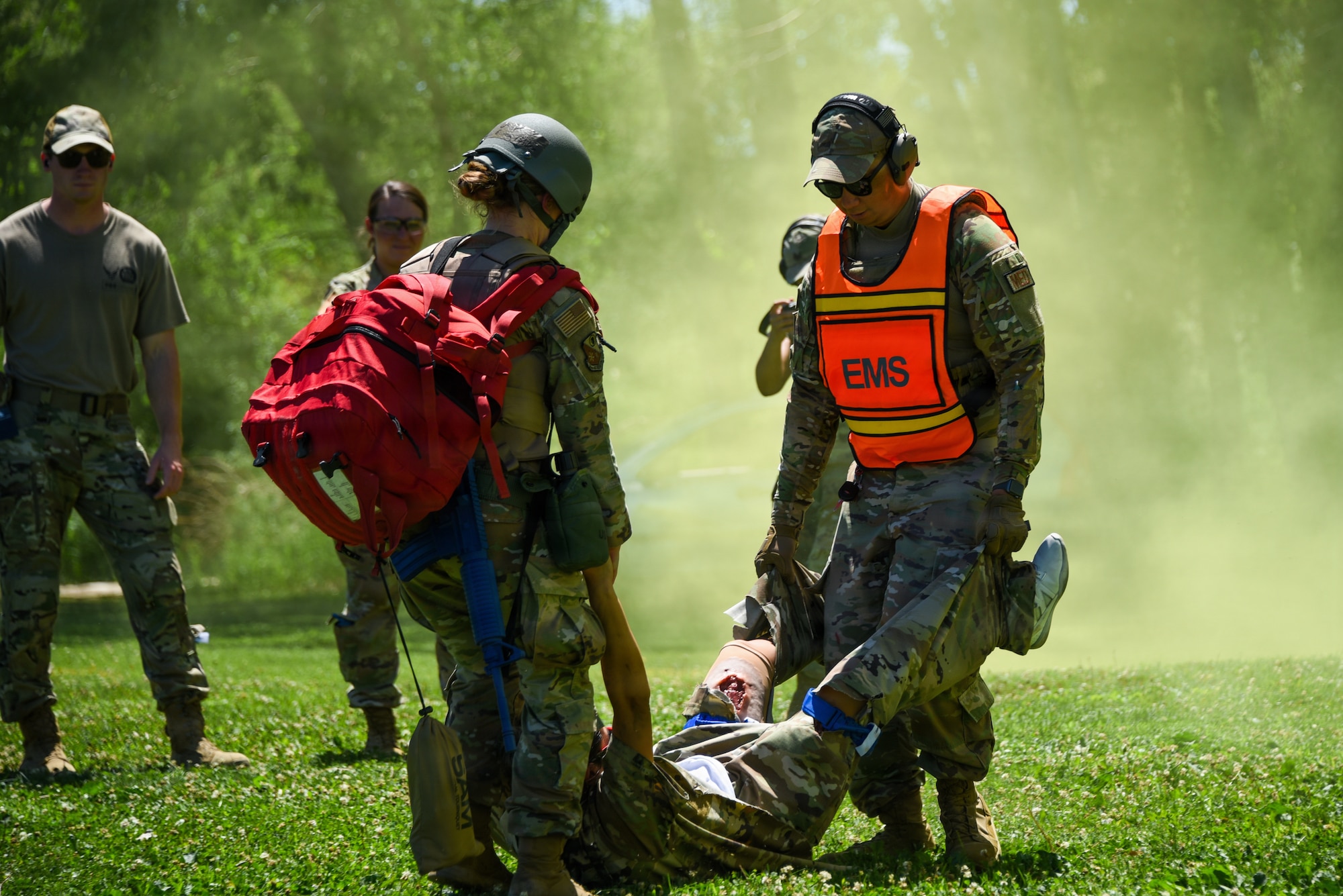 U.S. Airmen assigned to the 185th Air Refueling Wing’s Medical Group carry patients during the Wing’s first Tactical Combat Casualty Care exercise in Sioux City Iowa, June 12, 2026.