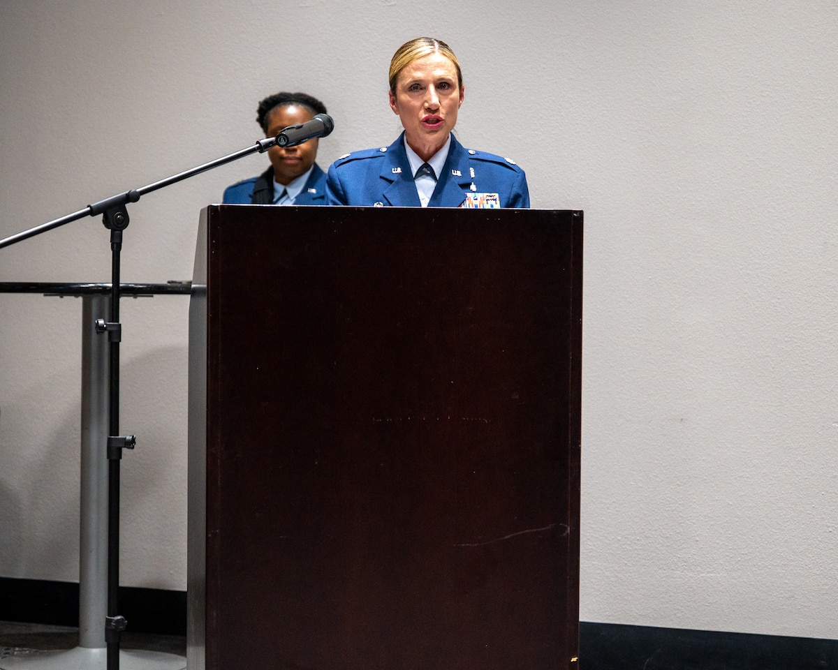 U.S. Air Force Lt Col. Tonya Toche-Howard, incoming Goodfellow Operational Medical Readiness Squadron commander, addresses attendees during her assumption of command ceremony at Goodfellow Air Force Base, Texas, June 17, 2026. The GOMRS welcomed Toche-Howard to their mission of readiness and trusted care everyday. (U.S. Air Force photo by Staff Sgt. Nathan Call)