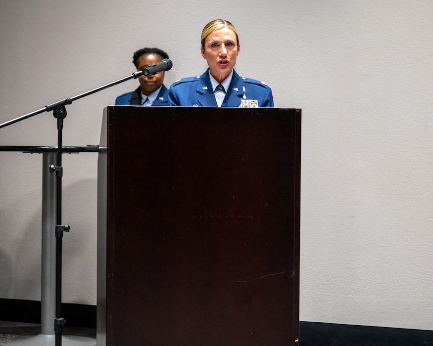 U.S. Air Force Lt Col. Tonya Toche-Howard, incoming Goodfellow Operational Medical Readiness Squadron commander, addresses attendees during her assumption of command ceremony at Goodfellow Air Force Base, Texas, June 17, 2026. The GOMRS welcomed Toche-Howard to their mission of readiness and trusted care everyday. (U.S. Air Force photo by Staff Sgt. Nathan Call)
