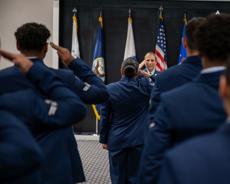 U.S. Air Force Lt Col. Tonya Toche-Howard, Goodfellow Operational Medical Readiness Squadron commander, renders her first salute as commander during her assumption of command ceremony at Goodfellow Air Force Base, Texas, June 17, 2026. The first salute represents the squadron welcoming its new commander. (U.S. Air Force photo by Staff Sgt. Nathan Call)