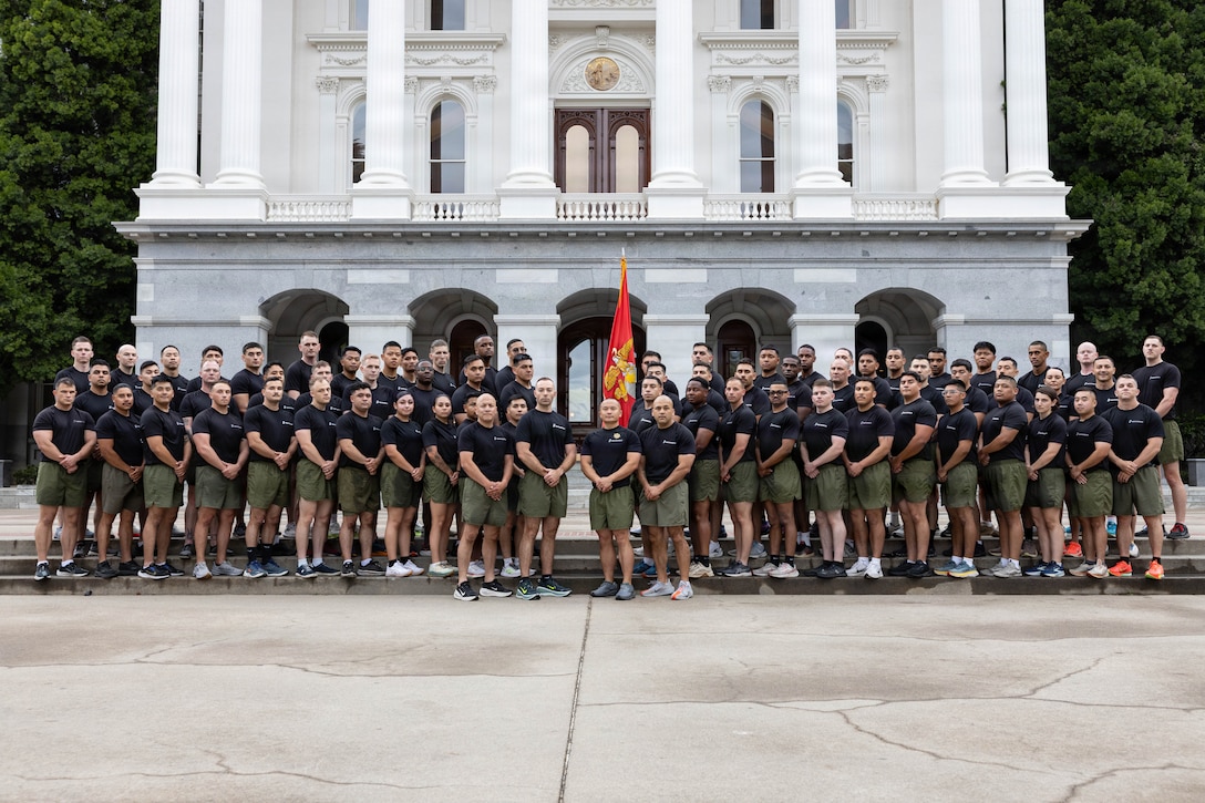 U.S. Marines with Recruiting Station Sacramento pose for a photograph at the conclusion of a Regulator Run in Sacramento, California, May 28, 2026. The purpose of a Regulator Run is to build esprit de corps, unit moral and physical fitness amongst the RS Sacramento Marines. (U.S. Marine Corps photo by Staff Sgt. Ryan Harvey)