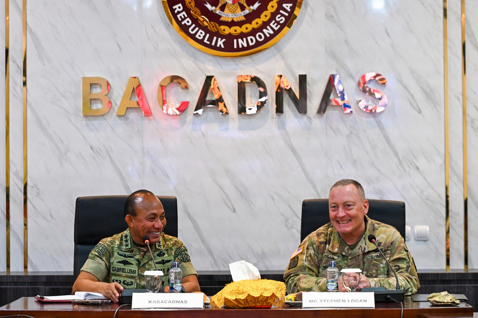 U.S. Army Maj. Gen. Stephen F. Logan (right), adjutant general of the Hawaii National Guard, and Lt. Gen. TNI Gabriel Lema, head of Indonesia's National Reserve Agency (Bacadnas), share a discussion during a key leader engagement at Bacadnas headquarters in Jakarta, Indonesia, June 9, 2026.