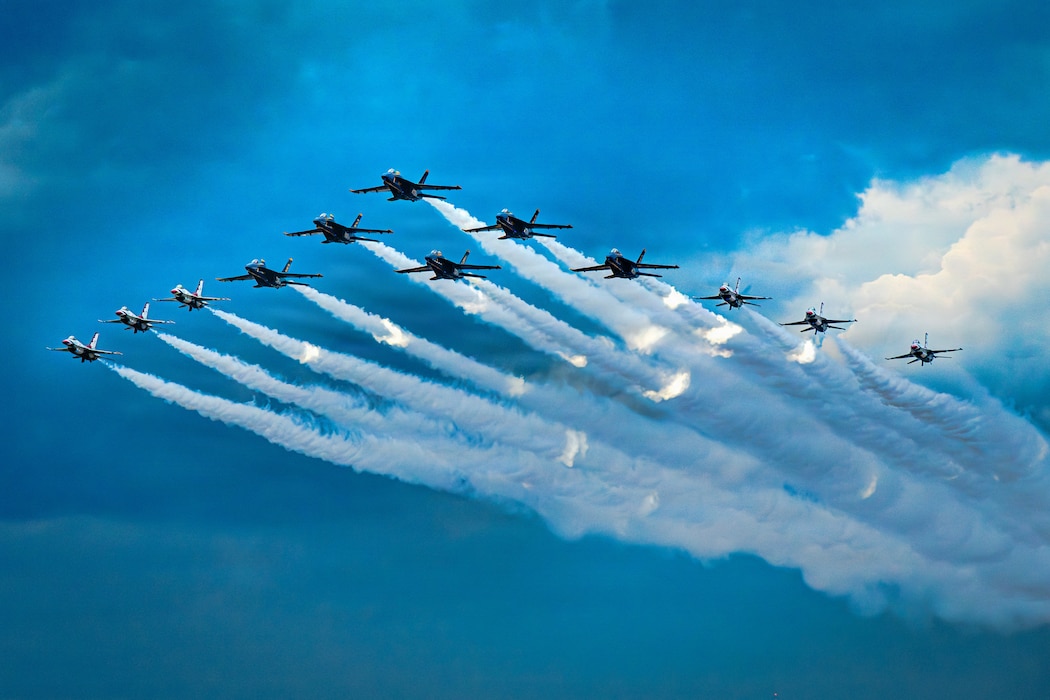 Military demonstration aircraft flying.