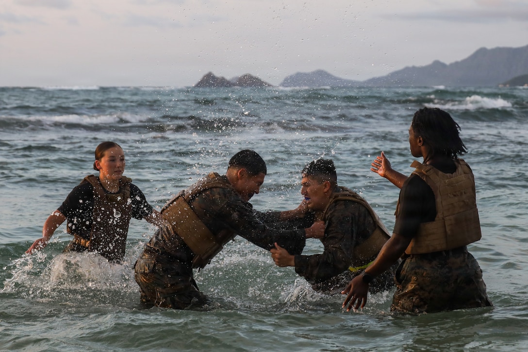 U.S. Marines with 3rd Littoral Anti-Air Battalion, 3rd Marine Littoral Regiment, grapple during a Marine Corps Martial Arts Program (MCMAP) culminating event at Marine Corps Base Hawaii, June 17, 2026. MCMAP aims to strengthen the mental, moral and physical resiliency of Marines through combat conditioning, close-combat techniques and character development to enhance leadership and combat-ready Marines. (U.S. Marine Corps photo by Lance Cpl. Nicholas Figueroa)