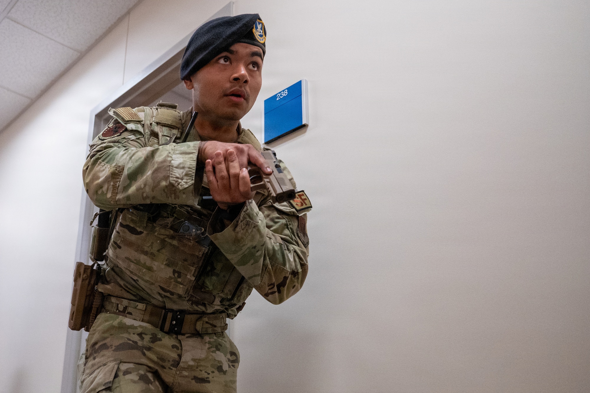 Airmen performing their assigned duties during a military exercise.