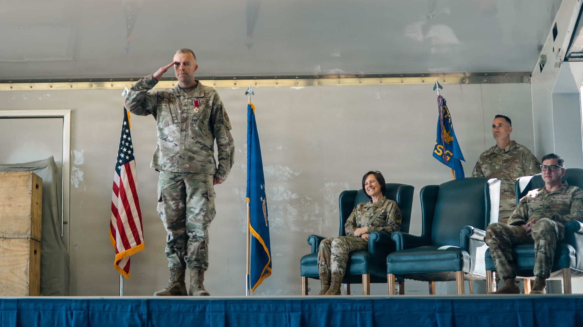 U.S. Air Force Col. Dustin Hansen, outgoing 673d Mission Support Group commander, renders his final salute during a change-of-command ceremony on Joint Base Elmendorf-Richardson, Alaska, June 18, 2026. The 673d MSG is composed of five squadrons – the 773d Force Support Squadron, the 673d Communications Squadron, the 673d Security Forces Squadron, the 673d Contracting Squadron and the 673d Force Support Squadron – providing support to the 673d Air Base Wing and 55 associate and tenant units assigned to JBER. (U.S. Air Force photo by Airman 1st Class Keola Vischi)