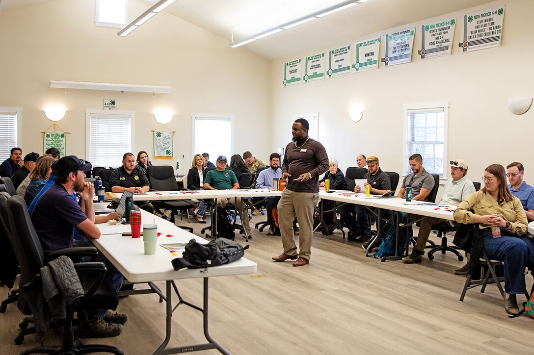 Haywood Manciel, emergency management specialist in the USACE-Albuquerque District, provides an overview of the Abiquiu Dam Emergency Action Plan, during the Abiquiu Dam Safety Tabletop Exercise, May 7, 2026. The EAP guides the actions taken during a dam emergency and contains contact information for partners and stakeholders.