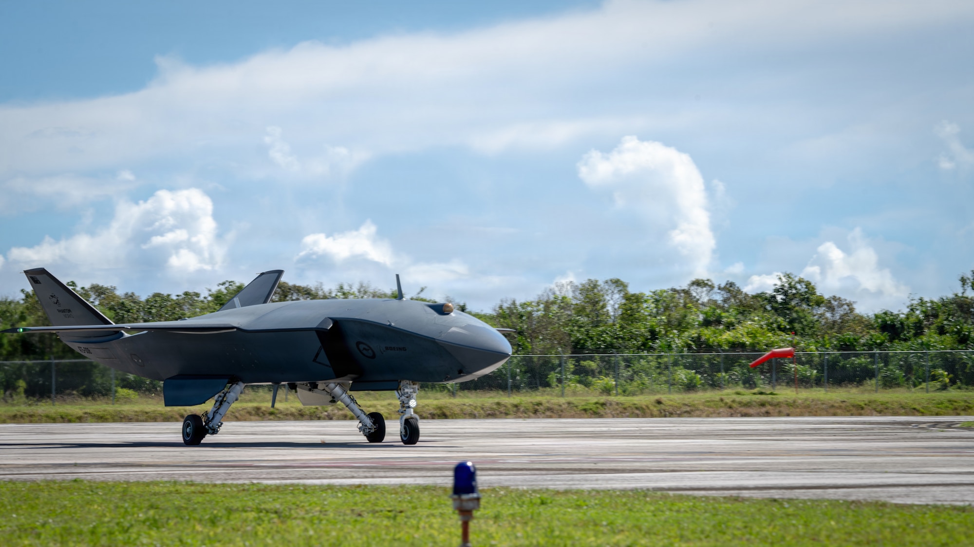 A Boeing Defence Australia’s MQ-28 Ghost Bat, a production representative test aircraft, returns from a taxi test during Exercise Valiant Shield 2026 at Rota, Commonwealth of the Northern Mariana Islands, June 21, 2026.