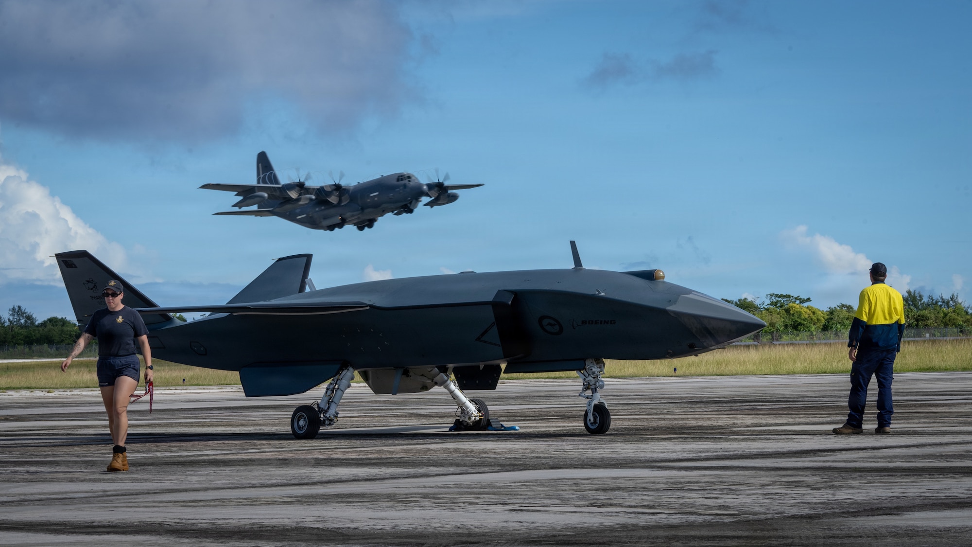 U.S. Air Force HC-130J Combat King II assigned to the 79th Rescue Squadron takes off behind a Boeing Defence Australia’s MQ-28 Ghost Bat, a production representative test aircraft, during Exercise Valiant Shield 2026 at Rota, Commonwealth of the Northern Mariana Islands, June 21, 2026.