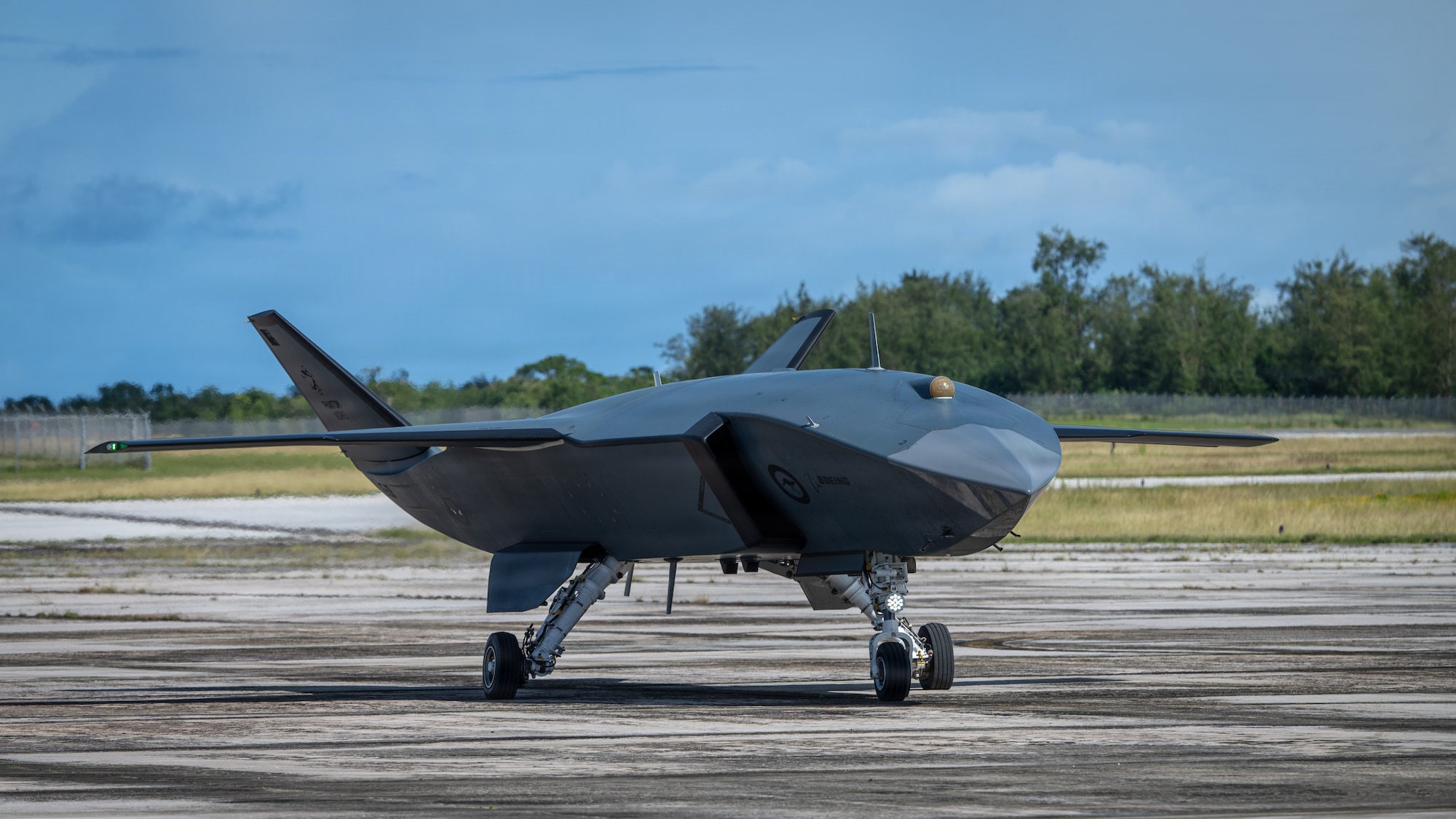 A Boeing Defence Australia’s MQ-28 Ghost Bat, a production representative test aircraft, prepares to conduct a taxi test during Exercise Valiant Shield 2026 at Rota, Commonwealth of the Northern Mariana Islands, June 21, 2026