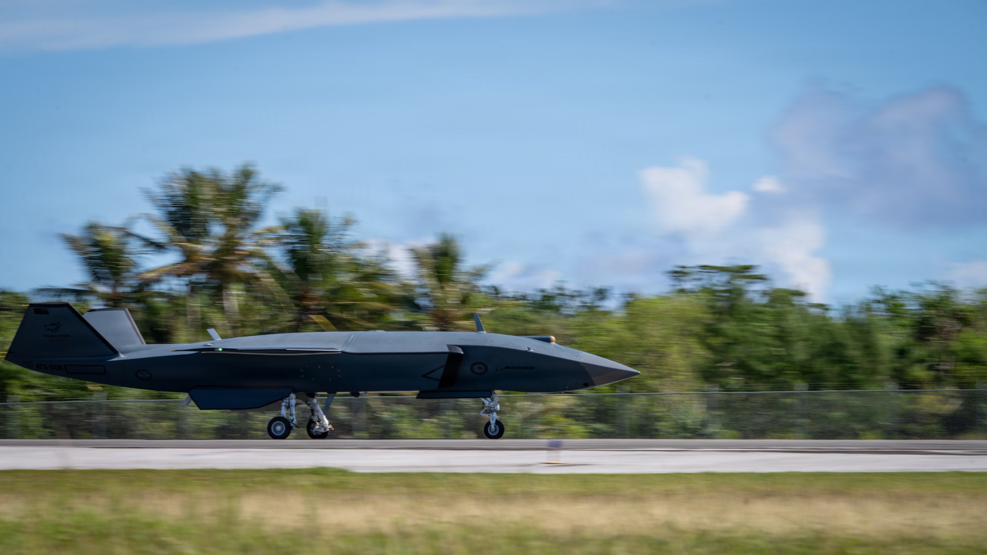 A Boeing Defence Australia’s MQ-28 Ghost Bat, a production representative test aircraft, conducts a taxi test during Exercise Valiant Shield 2026 at Rota, Commonwealth of the Northern Mariana Islands, June 21, 2026.
