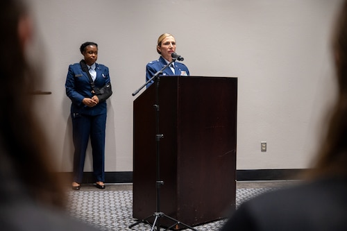 U.S. Air Force Lt Col. Tonya Toche-Howard, incoming Goodfellow Operational Medical Readiness Squadron commander, addresses attendees during her assumption of command ceremony at Goodfellow Air Force Base, Texas, June 17, 2026. The GOMRS welcomed Toche-Howard to their mission of readiness and trusted care everyday. (U.S. Air Force photo by Staff Sgt. Nathan Call)
