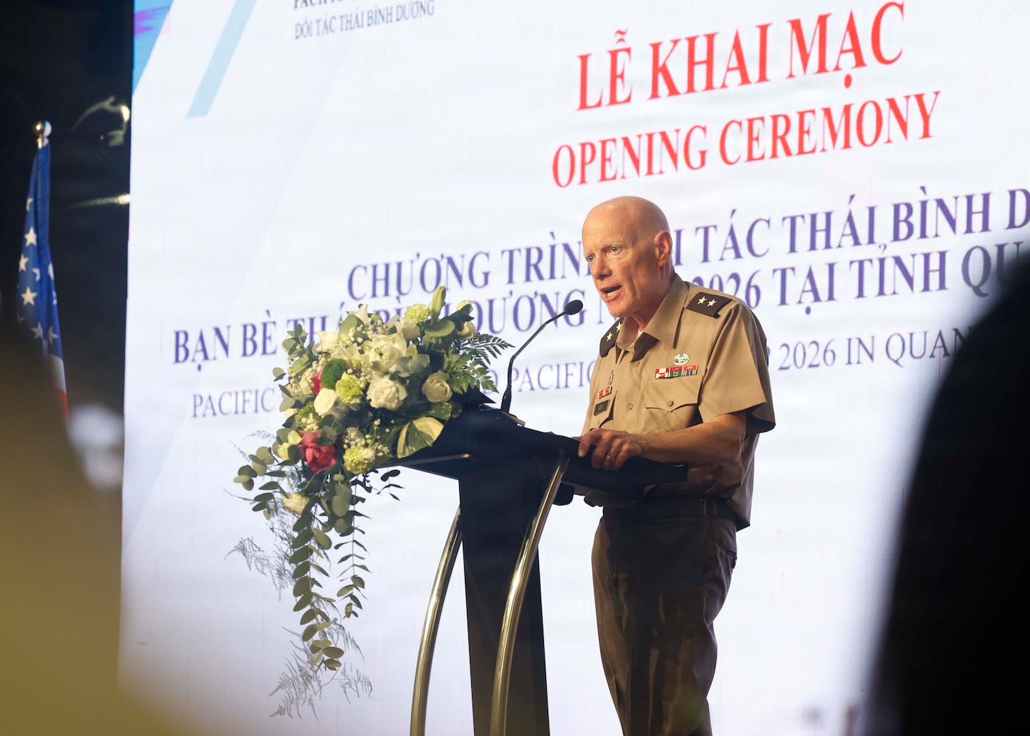 QUANG TRI, Vietnam (June 22, 2026) – U.S. Army Maj. Gen. E. Darrin Cox, commander of the 18th Theater Medical Command and Army Forces assigned to Pacific Friendship 2026, speaks during the Pacific Friendship 2026 and Pacific Partnership 2026 joint opening ceremony in Quang Tri, Vietnam, June 22, 2026.