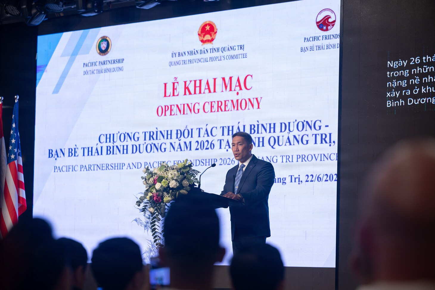 QUANG TRI, Vietnam (June 22, 2026) – Acting Secretary of the Navy Hung Cao speaks during the Pacific Friendship 2026 and Pacific Partnership 2026 joint opening ceremony in Quang Tri, Vietnam, June 22, 2026.