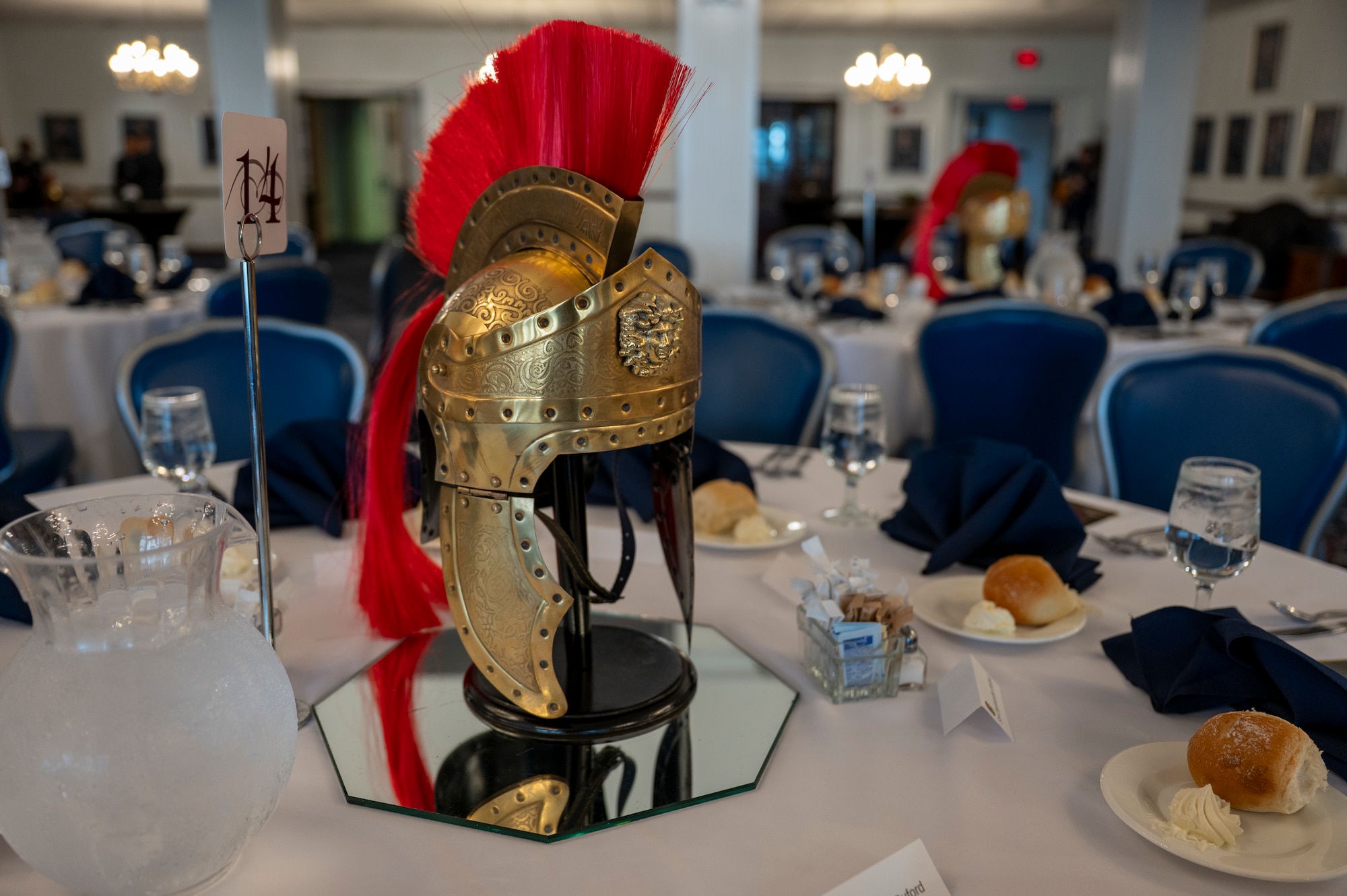 A praetorian helmet serves as table decor for the U.S. Air Force Honor Guard Banquet.