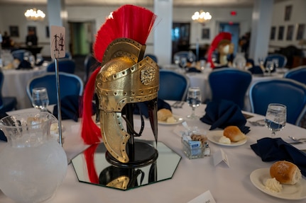 A praetorian helmet serves as table decor for the U.S. Air Force Honor Guard Banquet.